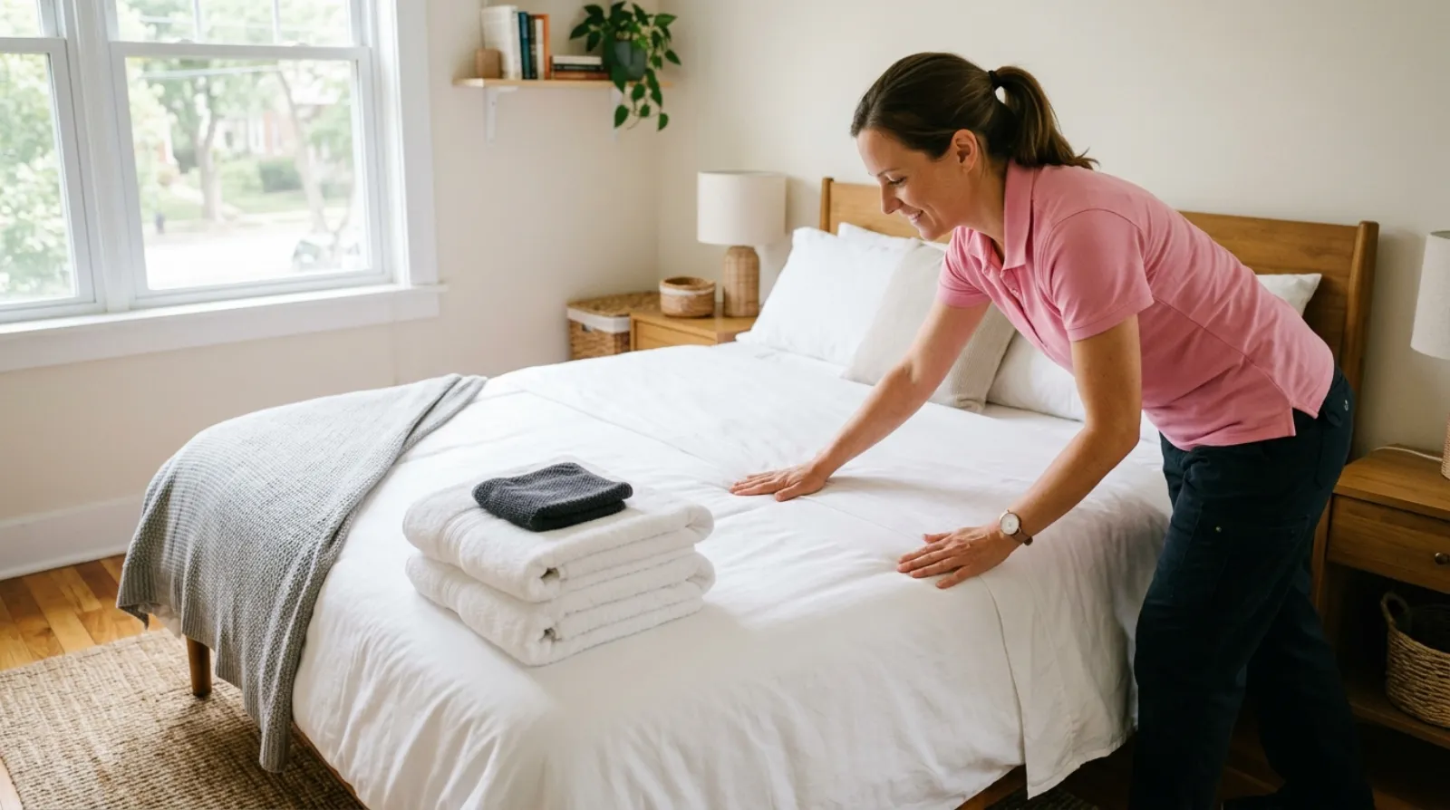 A Pink Broom cleaner smoothing fresh white linens onto a bed in a short-term rental