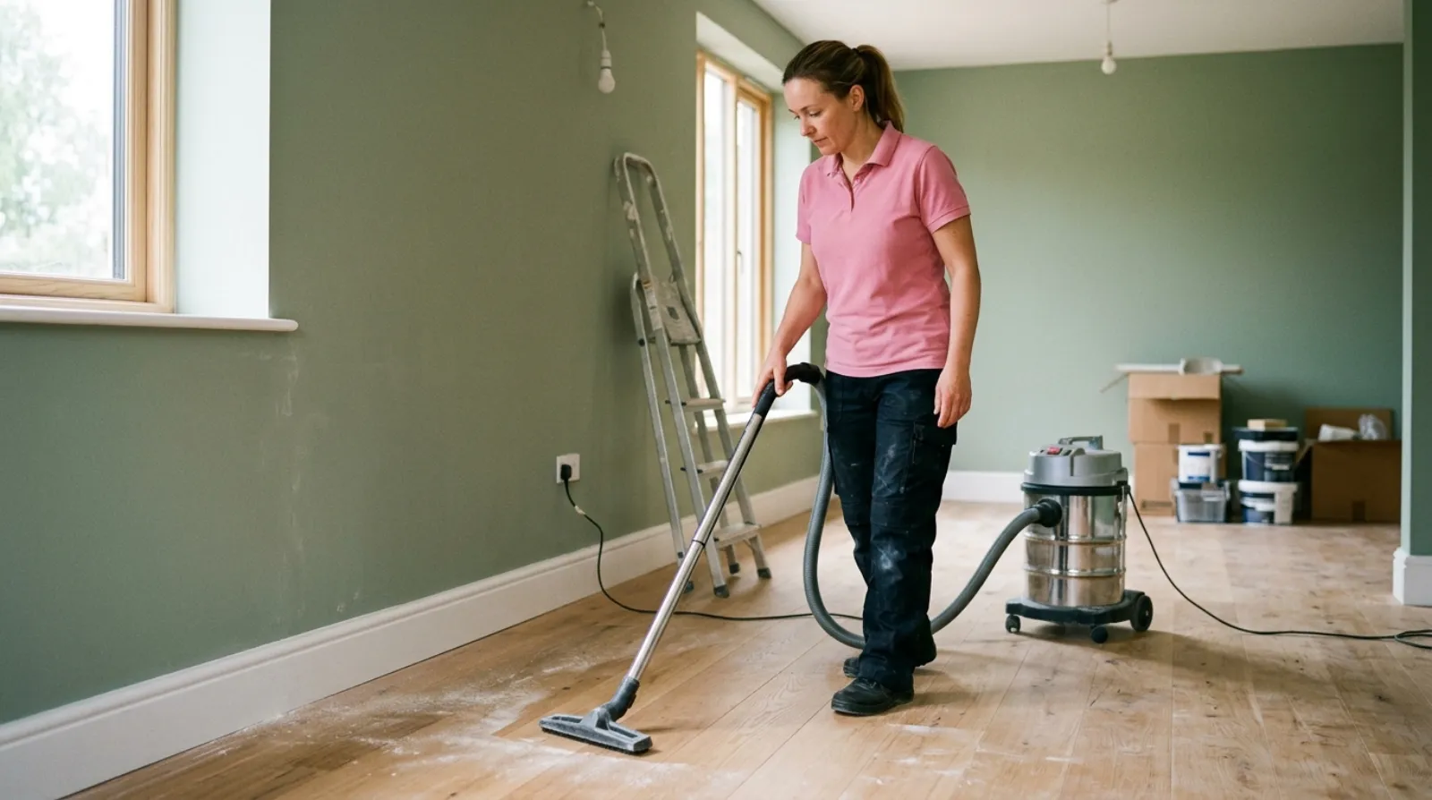 A Pink Broom cleaner vacuuming fine construction dust from the floor of a newly finished room
