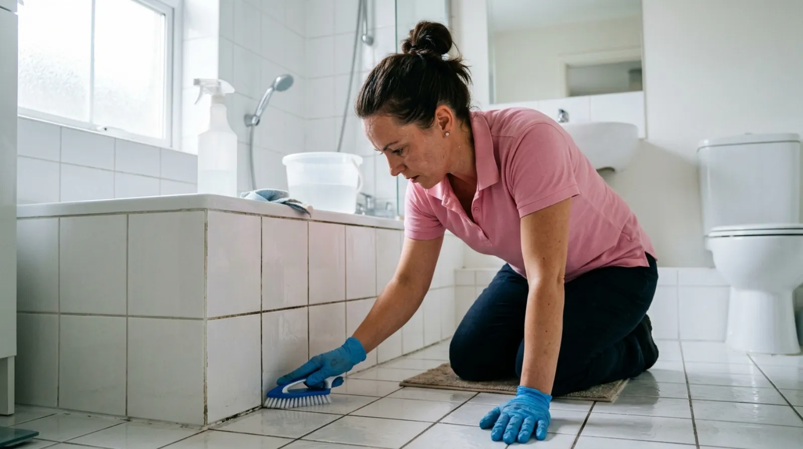 A Pink Broom cleaner scrubbing tile grout with a detail brush in a bathroom