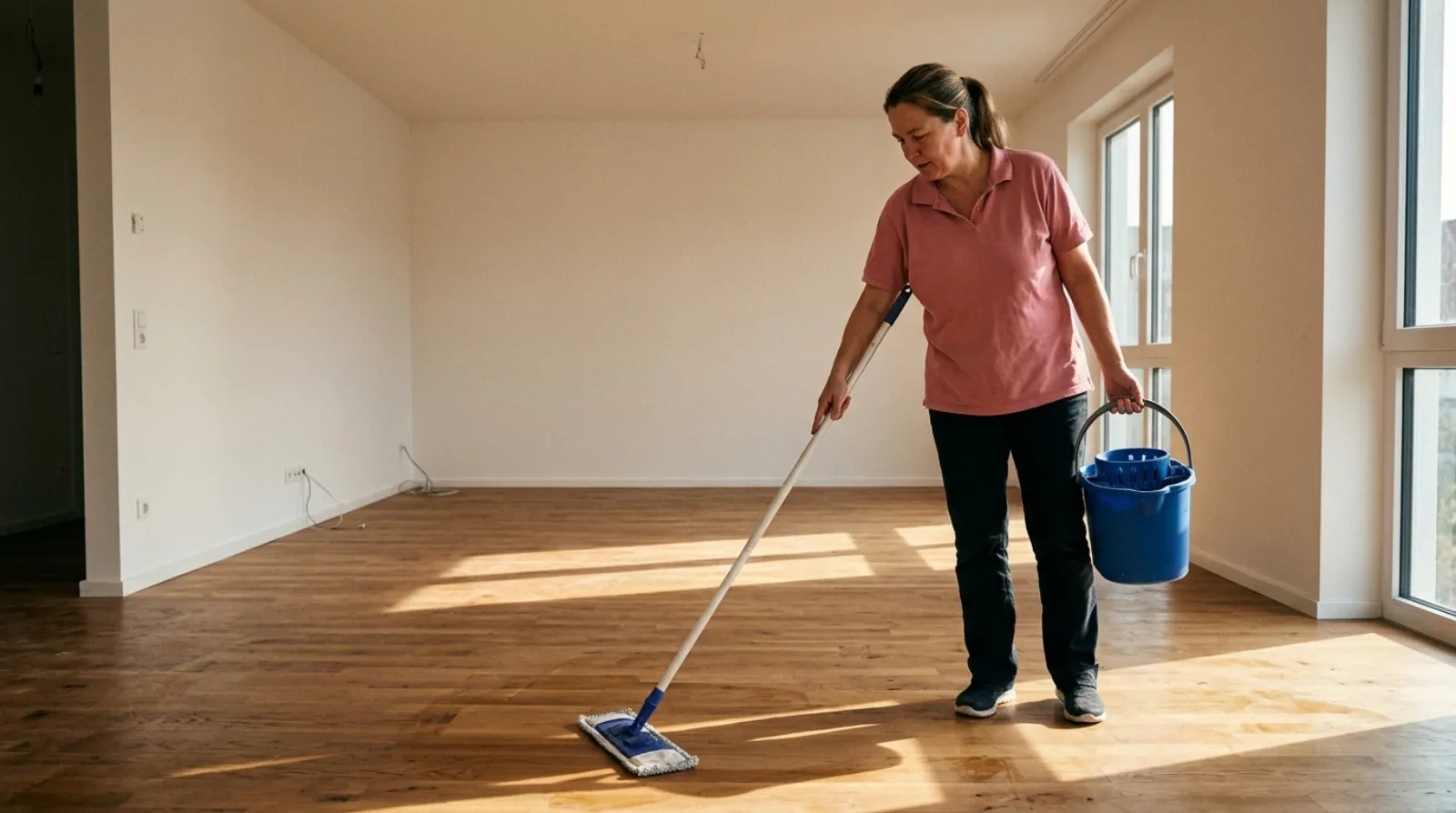 A Pink Broom cleaner mopping the floor of a completely empty living room