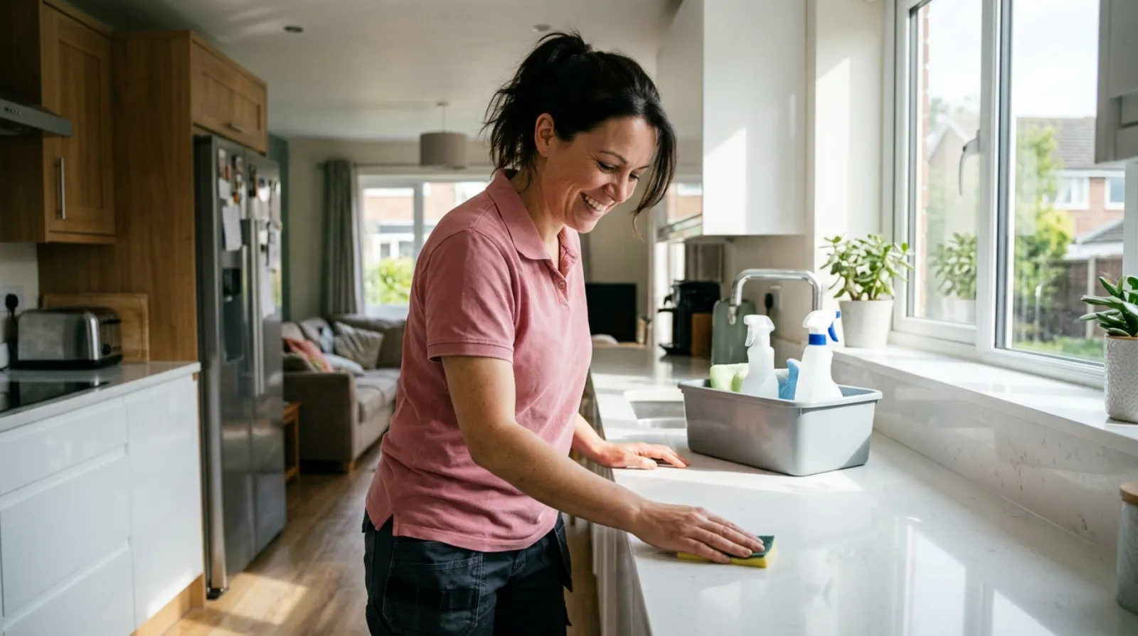 A Pink Broom cleaner wiping down a kitchen counter in a bright Charlotte home