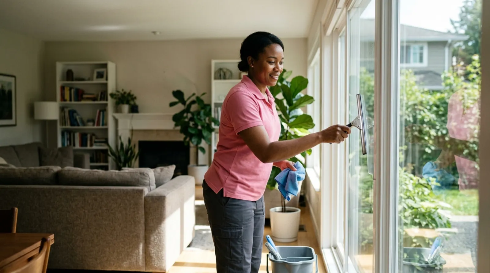 A Pink Broom cleaner cleaning the inside of a large living room window