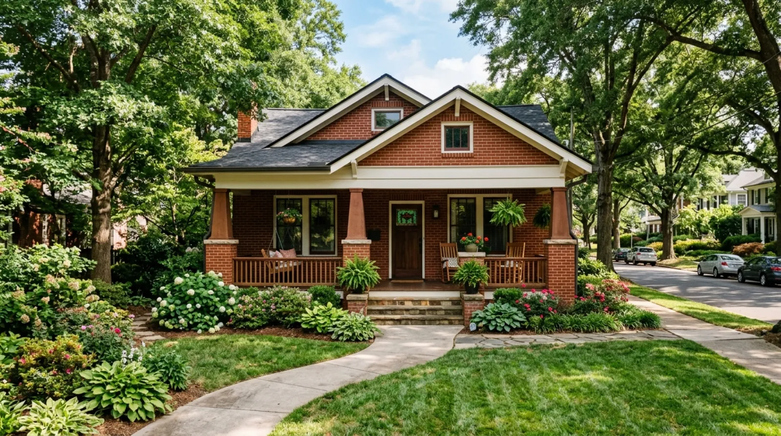 A brick craftsman bungalow on a tree-lined street in an established Charlotte neighborhood