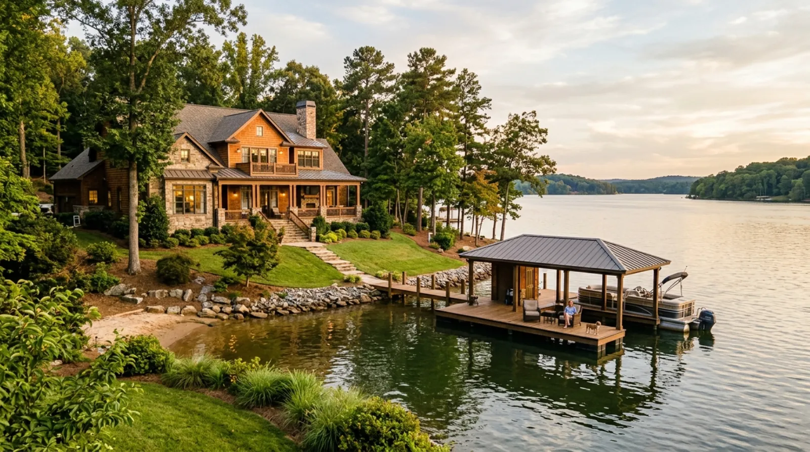 A lakefront home on Lake Norman near Cornelius with a covered dock