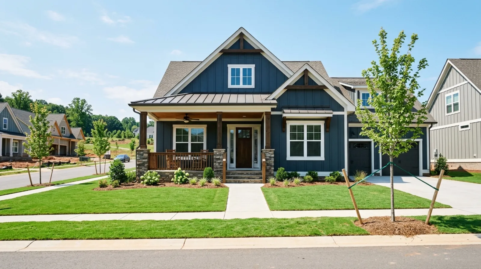 A new-construction craftsman-style home with fresh sod in a Fort Mill, South Carolina subdivision