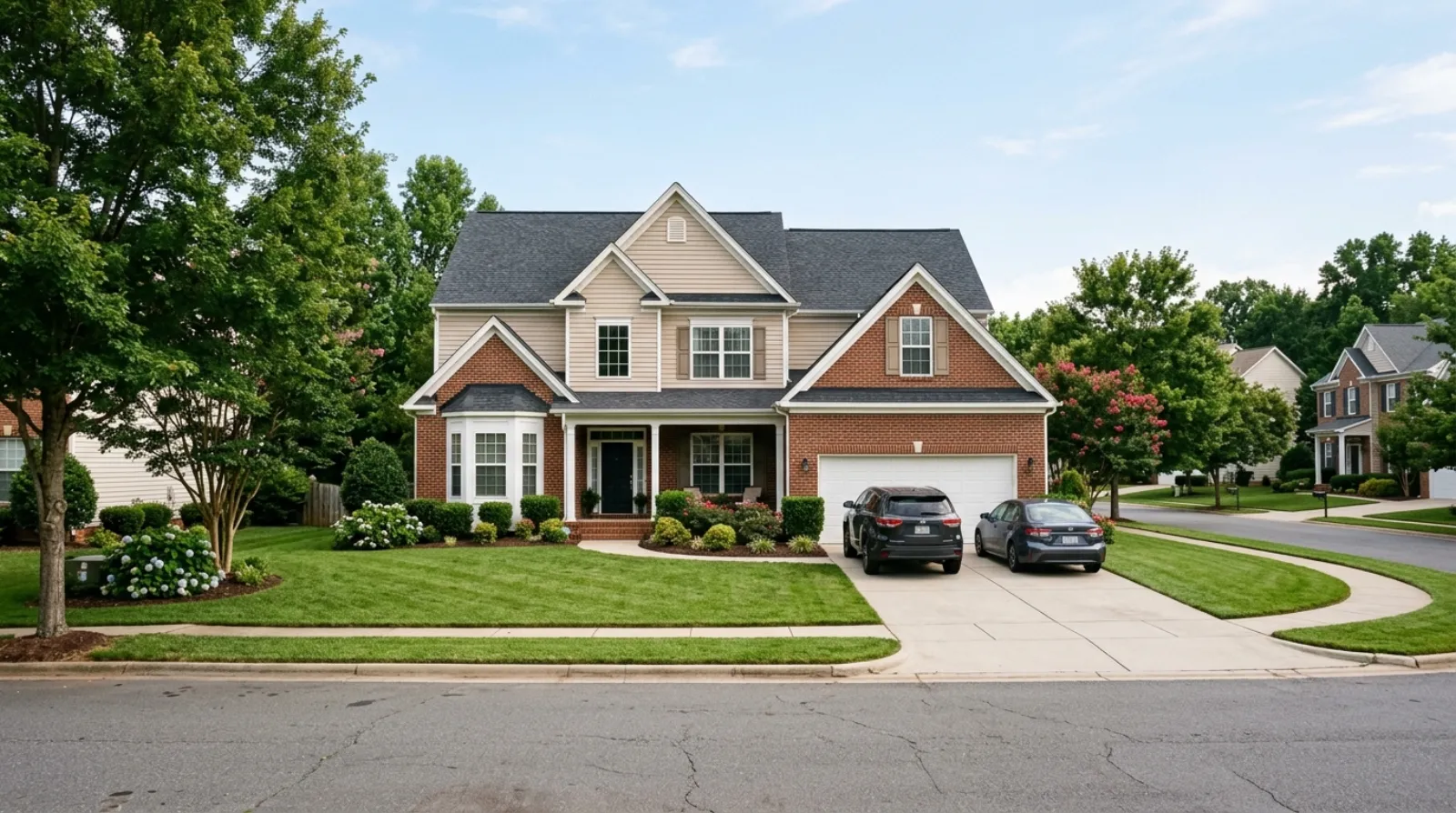 A two-storey brick and vinyl family home in a Matthews subdivision