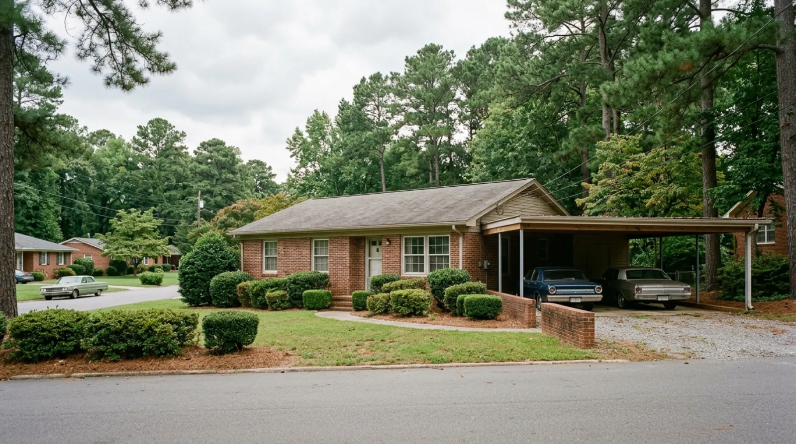 A single-storey 1960s brick ranch home with a carport on a quiet Pineville street